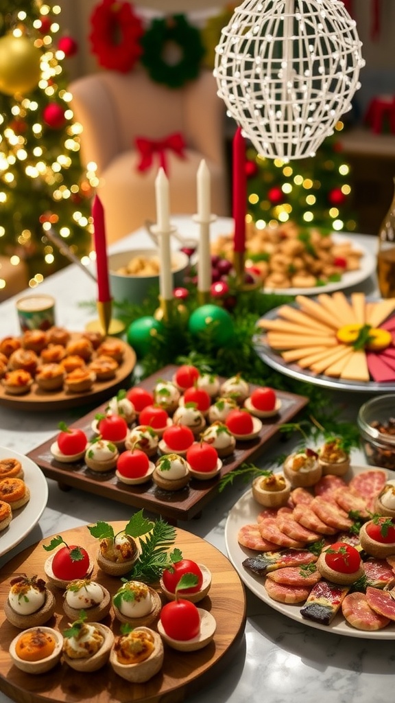 A beautifully decorated Christmas party table featuring various appetizers like caprese skewers, stuffed mushrooms, and a charcuterie board.